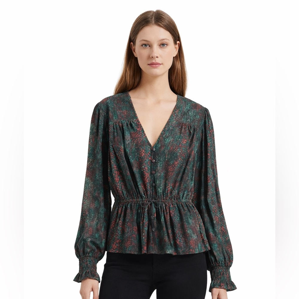 Scotch & Soda Peplum Blouse Snake Print Red Green Long Sleeve EU 38